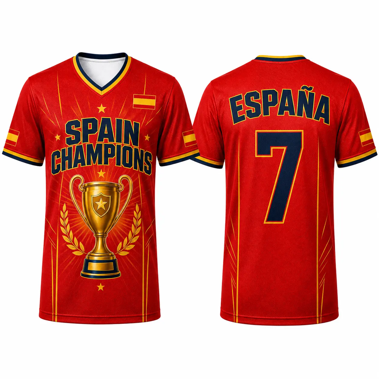 Spain-Inspired Champion Style V-Neck Sports Shirt for Men Women, Red Yellow Soccer Style Athletic Tee with Trophy Graphic, Number 7 Short Sleeve Game Day Top for Fans, Sports Events, Parties and Casual Wear