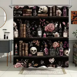 Halloween Dark Study Skull Rose Shower Curtain, perfect for bathroom decoration, partitions, beautification space, polyester durable material, easy to clean, machine washable, send shower curtain hooks, Bathroom Decoration Accessories