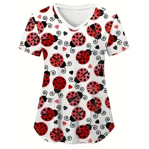 Cute Flying Bug Print Scrubs Top, Health Care Short Sleeve V-neck Dual Pockets Scrub For Doctor, Nurse, Physician, Dentist, Women's Work Clothing
