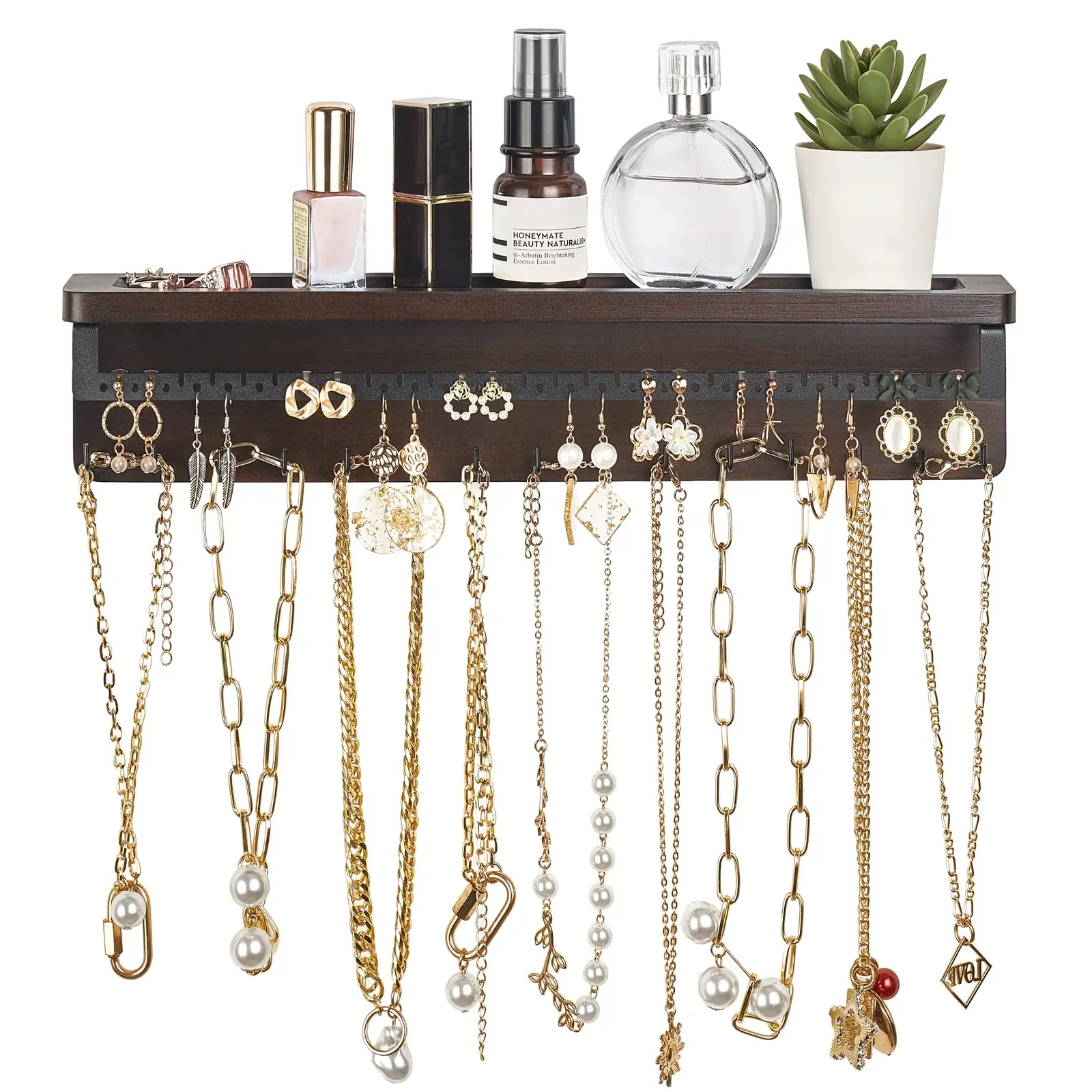 Necklace Holder Wall Mount Jewelry Organizer Rustic Earrring Dispaly Rack with 15 Jewelry Hooks and Shelf Hanging Jewelry Organizers