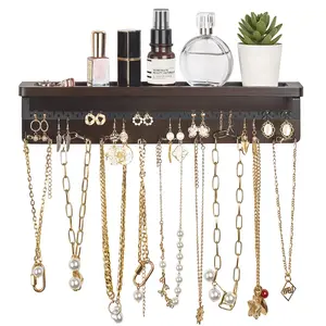 Necklace Holder Wall Mount Jewelry Organizer Rustic Earrring Dispaly Rack with 15 Jewelry Hooks and Shelf Hanging Jewelry Organizers