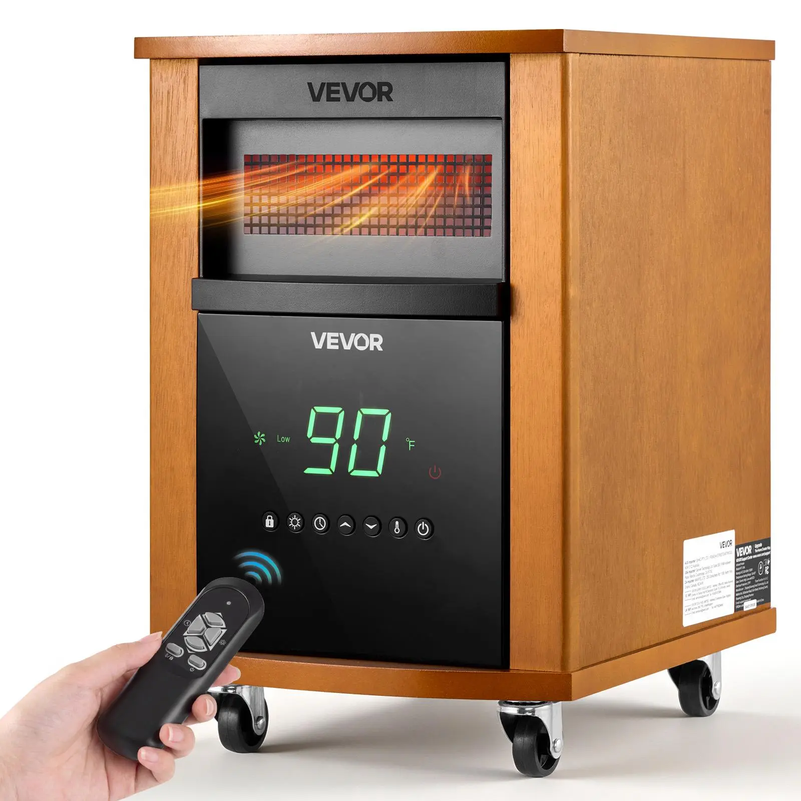 【summerfinds】VEVOR Infrared Heater 1500W Electric Space Heater with Remote Control, 3 Heat Settings, 12H Timer, Overheat Shutoff, Portable Wheels, Premium MDF, for Indoor Bedrooms, Offices, Studies, Light Wood