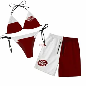 Dr Pepper Matching Couple Swimwear, Triangle Bikini Set with Men’s Swim Trunks for Beach and Pool Outfit