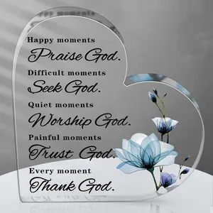 Christian Desk Decor Christian Gift for Women Bible Verses Mother's Day Acrylic Gift Inspirational Quotes Blue Flower Prayer Corner Decor Happy Moment Praise God Acrylic Hearts for Home Office