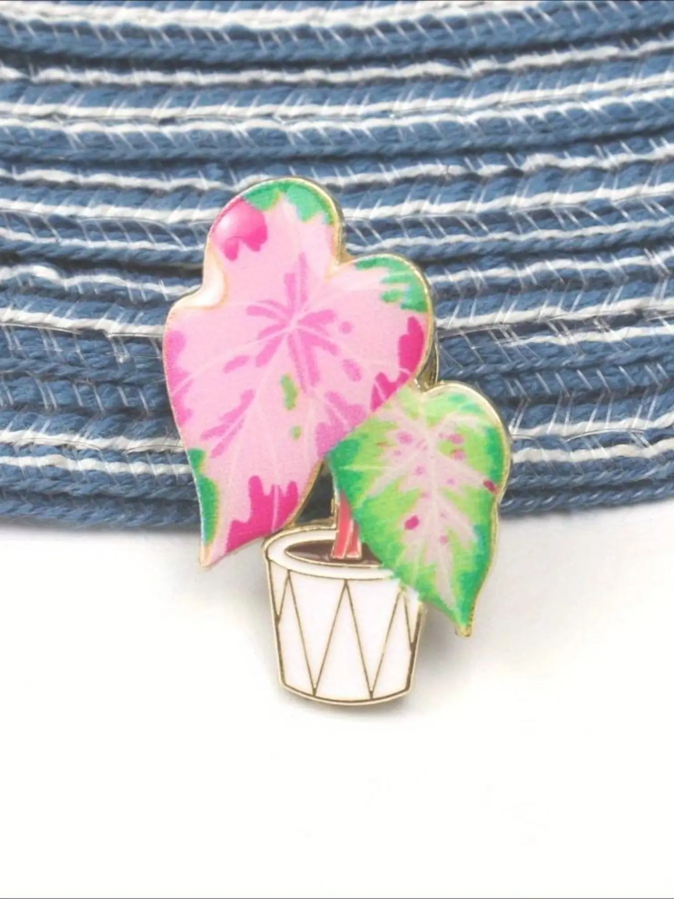 Whimsical "Pink Variegated Caladium Plant" Enamel Brooch Pin, Cute Tropical Houseplant Lapel Badge, Plant Lover Jewelry, Unisex Fashion Accessory Gift for Green Thumb, Casual Daily Backpack Clothes Decor