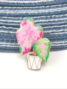 Whimsical "Pink Variegated Caladium Plant" Enamel Brooch Pin, Cute Tropical Houseplant Lapel Badge, Plant Lover Jewelry, Unisex Fashion Accessory Gift for Green Thumb, Casual Daily Backpack Clothes Decor