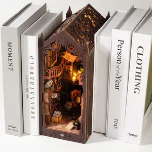 3D Puzzle Wood Design Magic Library Bookshelf Insert Stand, Creative Gift for Christmas & Festivals, Handmade Wooden Book Holder Decoration