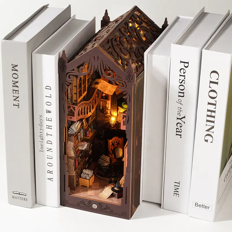 3D Puzzle Wood Design Magic Library Bookshelf Insert Stand, Creative Gift for Christmas & Festivals, Handmade Wooden Book Holder Decoration, Handmade Crafts