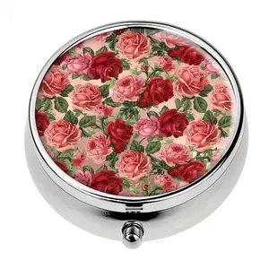 Elegant Vintage Floral Medicine Box, Portable Round Metal Storage Case with 3 Compartments, and Rose Design, Wallet or Travel Decorative Drug Box, Healthcare
