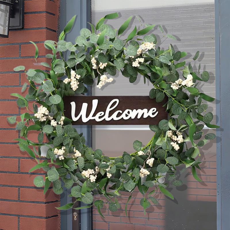 ZMOCEN A Green Eucalyptus Spring/Summer Wreath With A Welcome Sign, Featuring Artificial Spring/Summer White Berries. Suitable For Front Doors, Walls, Windows, Festive Occasions, Farmhouses, Porches, Patios, And Wedding Season Decorations (White + Green).