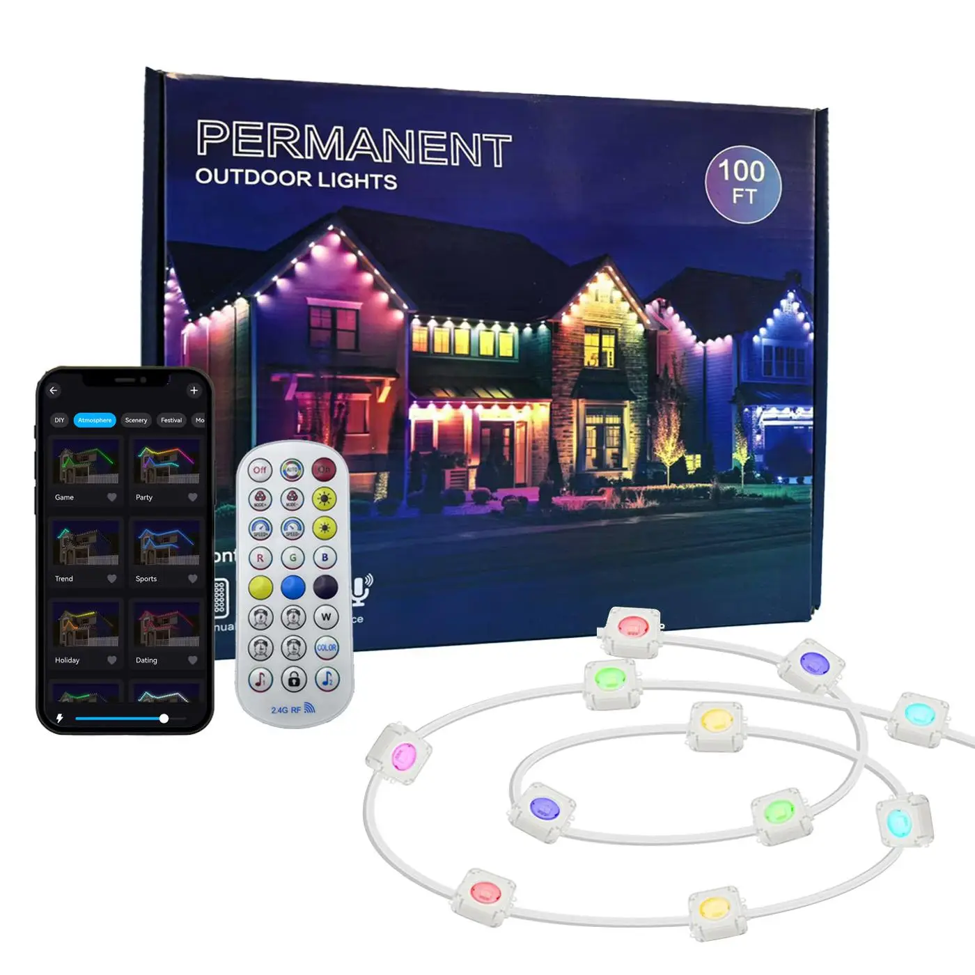 100ft Outdoor Decorative Light, RGBIC Smart Eaves Light, IP67 Waterproof Outdoor Lighting for House Roofs, Suitable for Holiday Decor, Christmas Gift