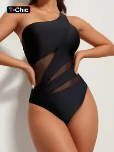 Women's Contrast Mesh One Shoulder Swimsuit, Asymmetrical Neck Swimwear, Ladies One Piece Swimsuit for Summer Beach Holiday Vacation, Bathing Suits 2024 for Women, Tummy Control Swimwear, Swimsuit for Women, High Stretch Swimwear