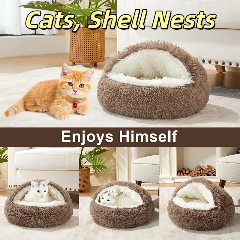 Winter Warm Pet Shell Nest Cat Bed, Half-Enclosed Long Plush Dog and Cat Bed, Cozy and Comfortable Pet Sleeping Mat, Shaped Beds, Puppy Bed, Kitten Bed