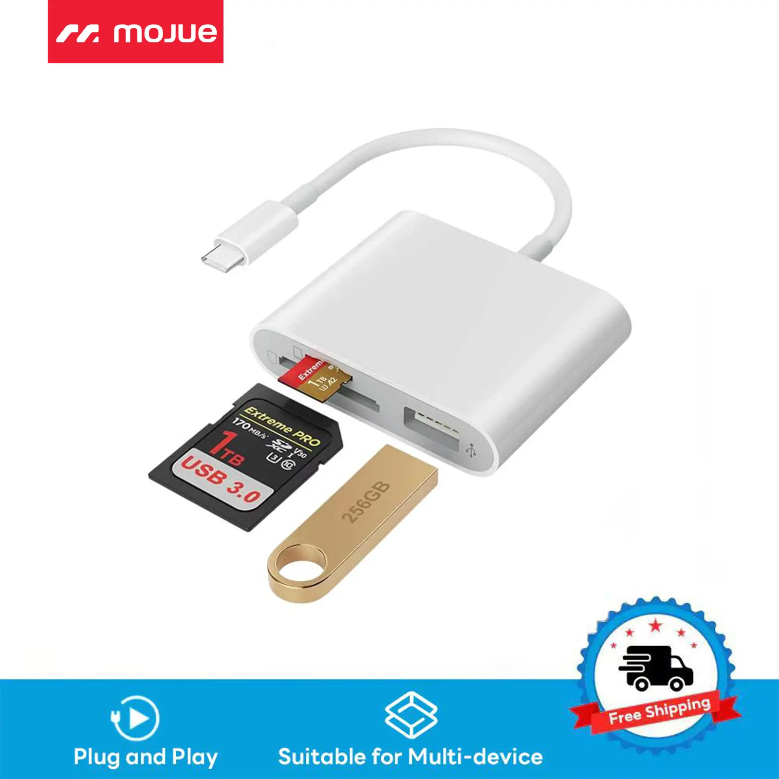 3-in-1 USB 3.0 Type-C High-Speed SD Card Reader with Multi-Card Slot & Type-C Plug, Adapter for SD/TF, Compatible with iPhone 17/16/15 Pro Max, iPad, macOS Devices, Android Phones/Tablets - White, Iphone/Ipad/Macos