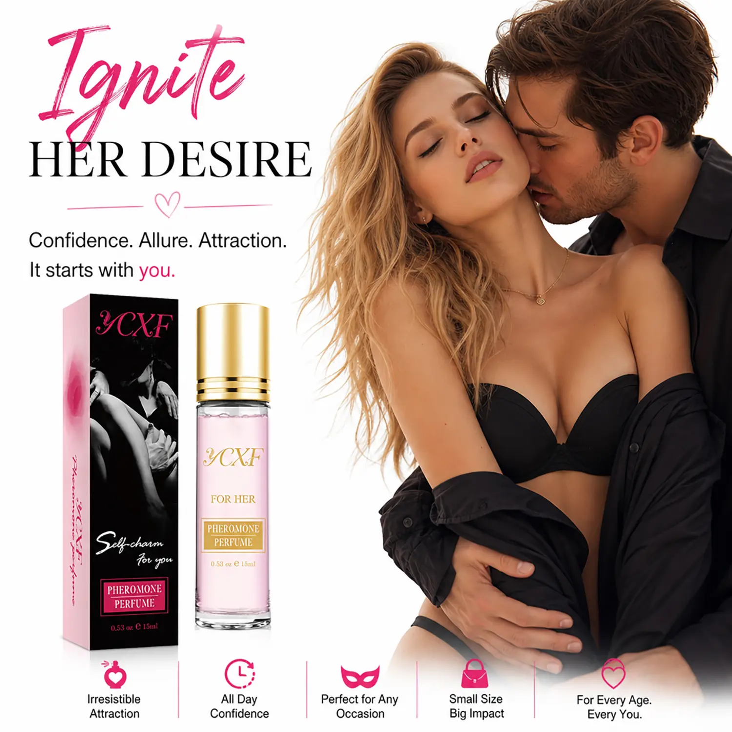 Women's Pheromone Mini Roll-On, long-lasting floral fruity accord. Pheromones make him yearn for you, hold his focus, ignite a romantic night. Perfect for Christmas, Birthday & Memorial Day. 15ml/0.5fl.oz. Women's Perfume. Travel-Size Women's Fragrance.