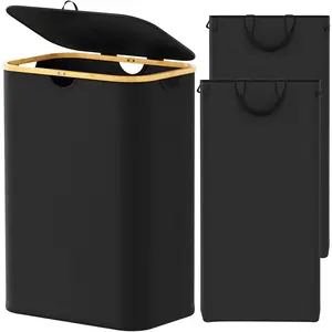 Double Laundry Hamper 2 Section with Lid and Removable Laundry Bags, 160L Clothes Basket with  Handles, Large Collapsible Hamper for Bedroom, Bathroom, Dorm, Laundry Room - Black