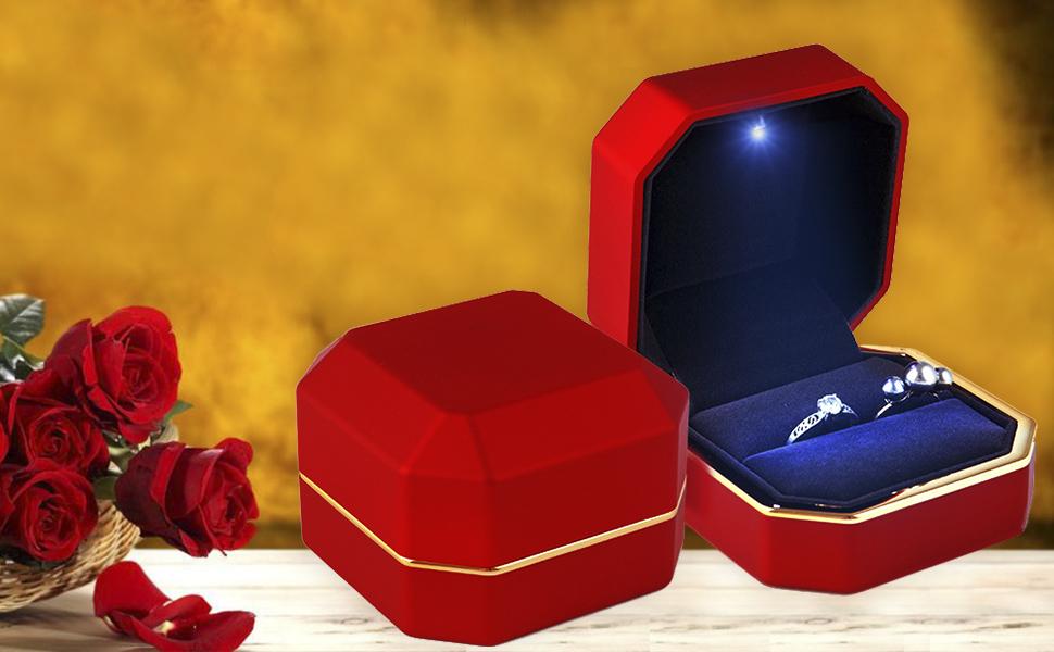 Luxury Ring Box, Square Velvet Wedding Ring Case Jewelry Gift Box with LED Light for Proposal Engagement Wedding, Black Luxury Ring Box, Square Velvet Wedding Ring Case Jewelry Gift Box with LED Light for Proposal Engagement Wedding, Black