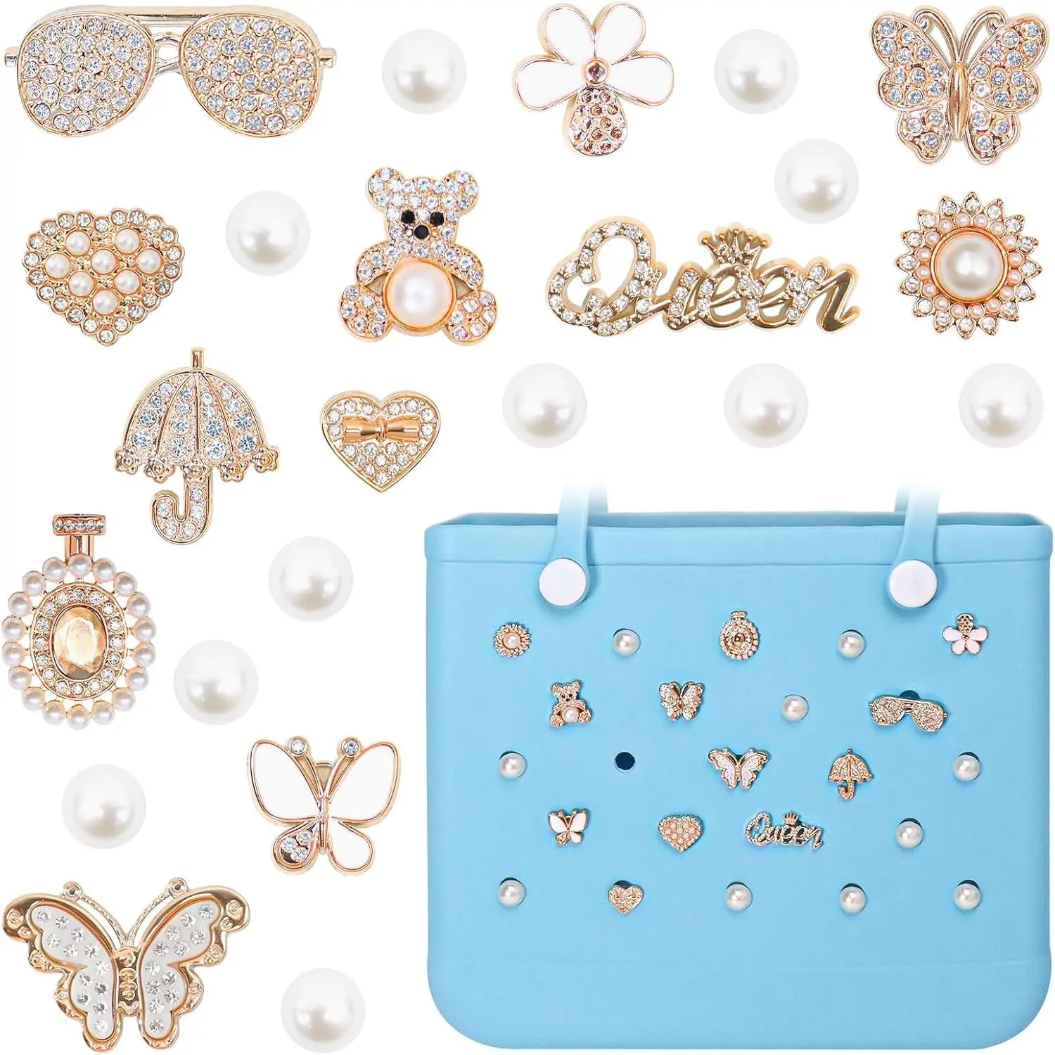 Charms for Bogg Bag,Pearl and Butterfly for Bogg Bag Accessories Charms Compatible with Beach Bag Tote (22 Pcs)