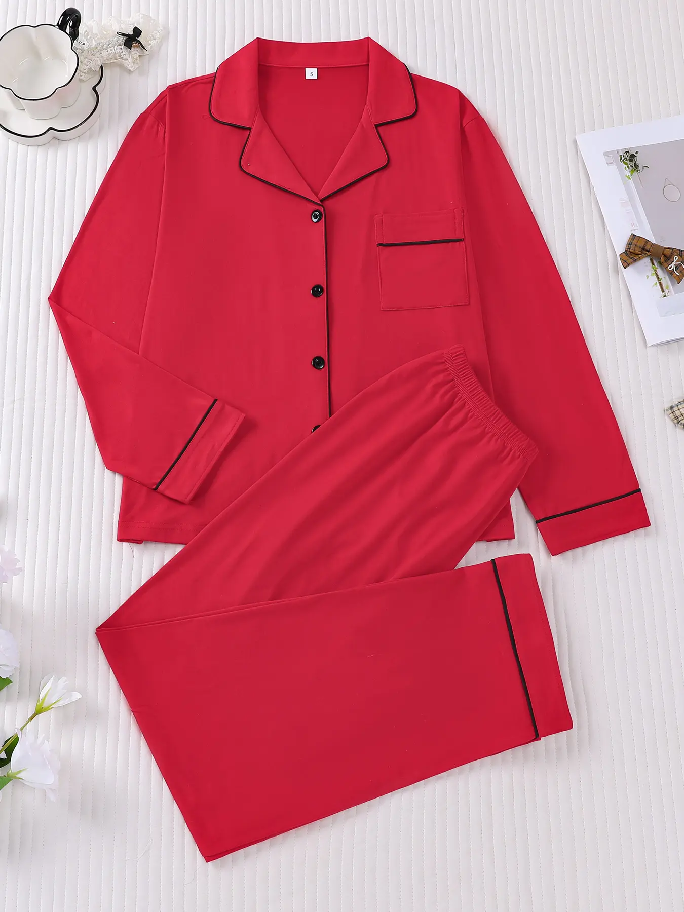 2-piece women's solid color long sleeve top and long pants soft comfortable skin-friendly smooth Knit shirt with small pocket and button elastic waistband suitable for all seasons Casual leisure vacation Loungewear sleepwear Pjs