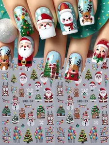 2pcs 5D Embossed Christmas Nail Stickers, Colorful Holiday Decals, Nails Art Designs, Christmas Tree, Snowman, Deer, Light Beads, DIY Sliders