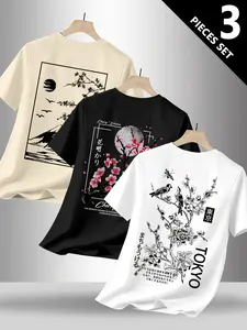 3-Pack Plus Size Men's Japanese Style Printed T-Shirts, Cherry Blossom Fuji Mountain, Tokyo Bird Illustration, Short Sleeve, Casual Fashion
