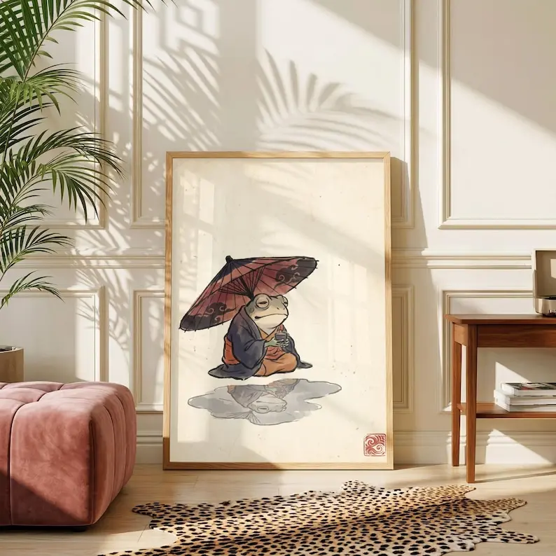 Japanese Frog Art Print, Woodblock Frog Poster, Japandi Animal Wall Art, Frog Monk With Umbrella(Unframed-PRINT Only)