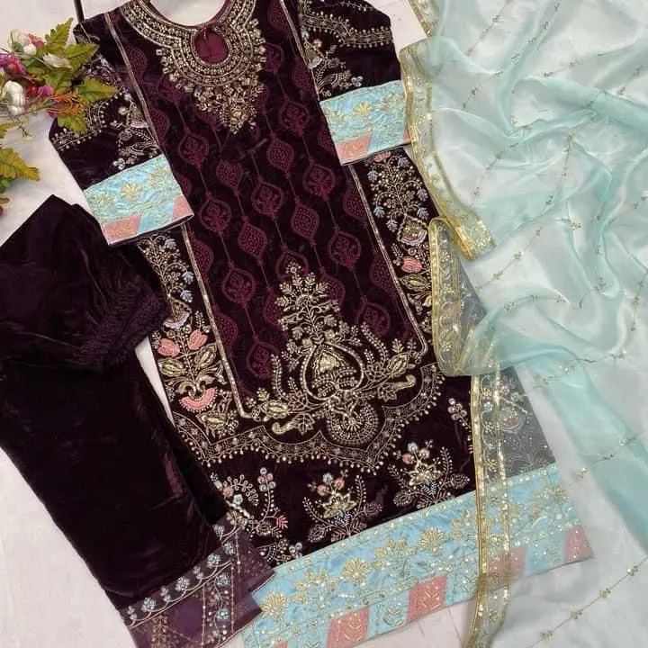 Indian Velvet Suit for Women - Ready to Wear Party Wear with Heavy Embroidery Sequence Work - Cotton, Lace