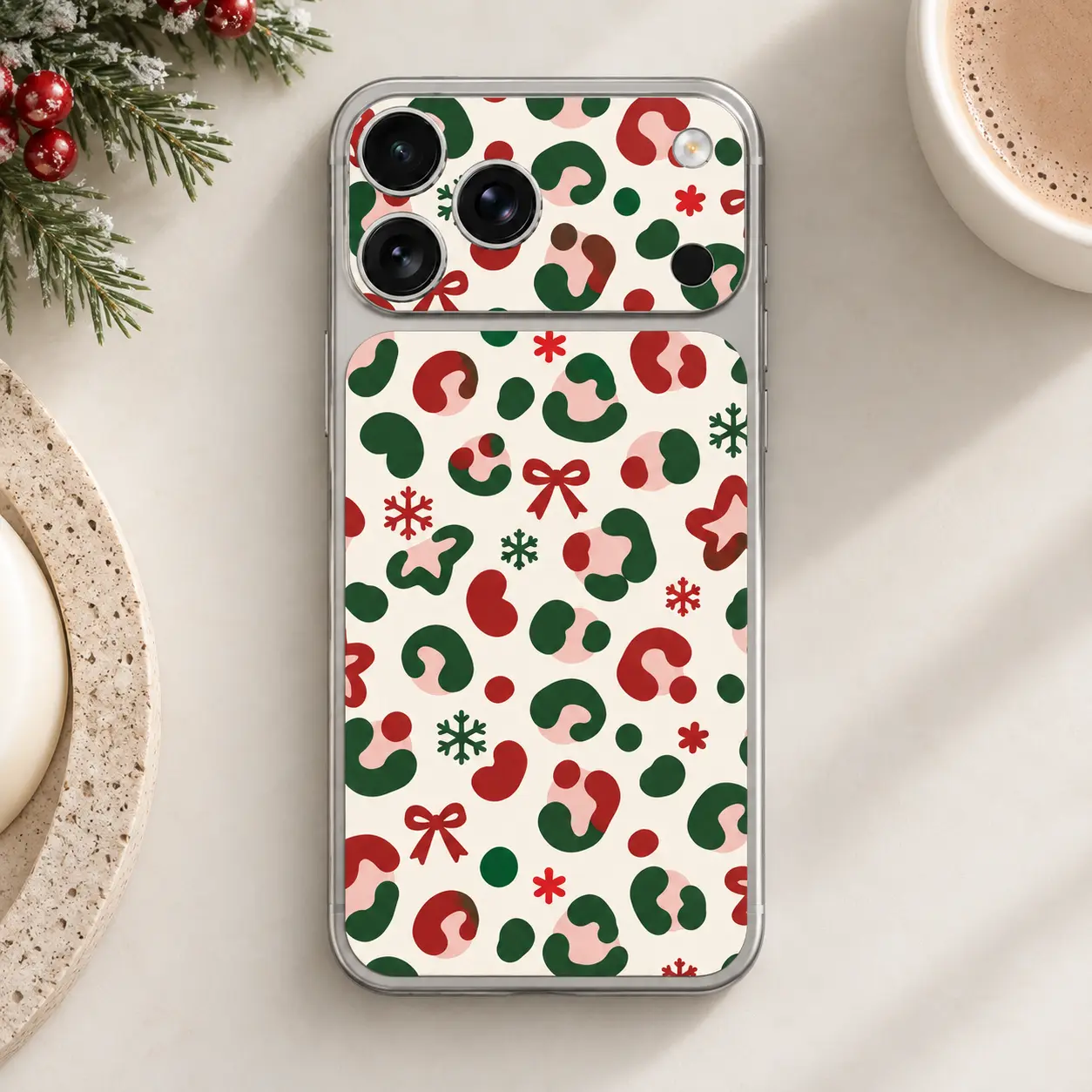 Christmas Leopard iPhone 17 18 Pro and 17 18 Pro Max Camera Skin and Gadget Wrap, Single or Combo, Red Green Snowflake Bow Vinyl Decal