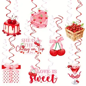 8Pcs Shes The Cherry On Top Hanging Swirls Cherry Party Decorations Coquette Cherry Pink Bow Party Decor Love is Sweet Ceiling Streamers for Girl Summer Bridal Shower Baby Shower Bachelorette Party
