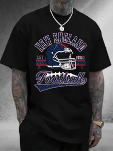 Men's & Women's New England Football Logo T-Shirt - 100% Cotton Loose Fit Unisex Crewneck Tee with Team Helmet & Football Design, Game Day Outfit, Casual Fan Apparel for Training & Casual Attire (Replica Style)
