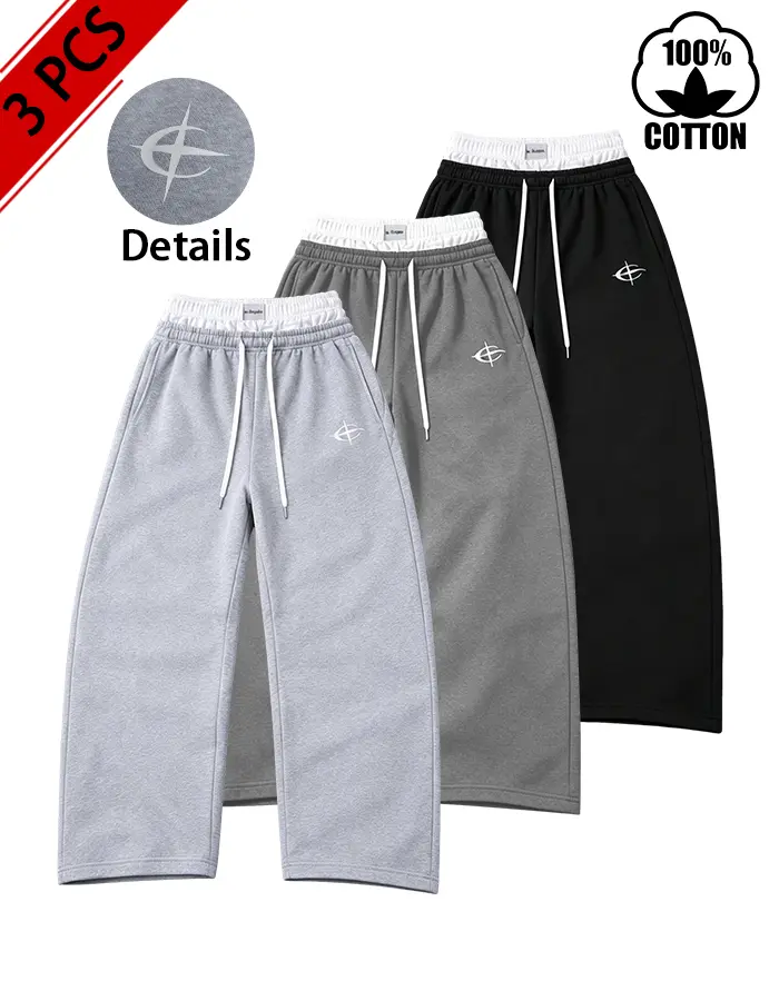 3-pack unisex sweatpants with a faux two-piece design and double waistband, featuring a drawstring elastic waist; soft, comfortable fabric; casual street style apparel suitable for hip-hop and skateboarding styles; men’s straight-leg joggers.