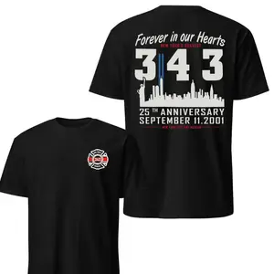 New York Firefighter Memorial 343 T-Shirt, 9/11 Anniversary Tribute Tee, Forever in Our Hearts Graphic Shirt, Soft Cotton Blend Shirt for Men & Women, September 11th Remembrance, Pullover