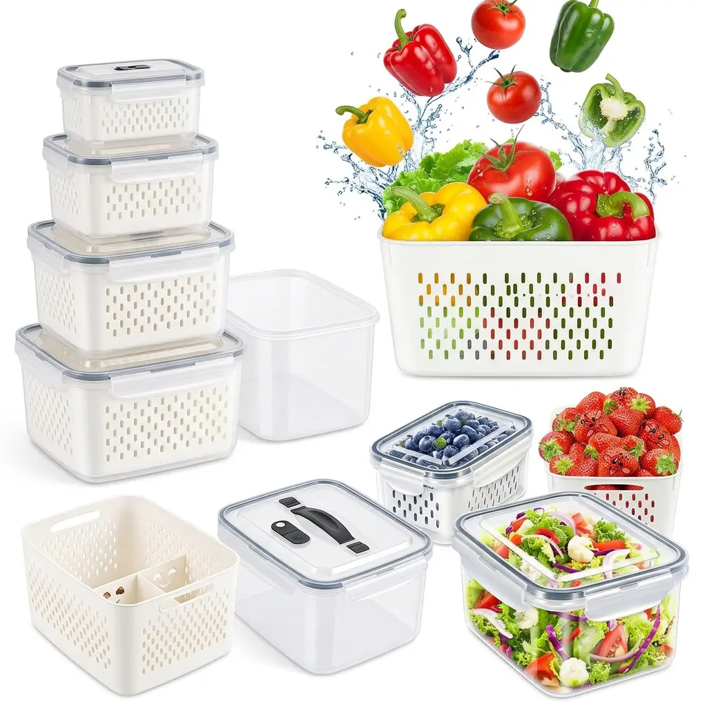 5-Pack BPA-Free Fridge Fruit Storage Containers - Leakproof Food Containers with Removable Colander for Keeping Produce, Berries, Meat Fresh Longer
