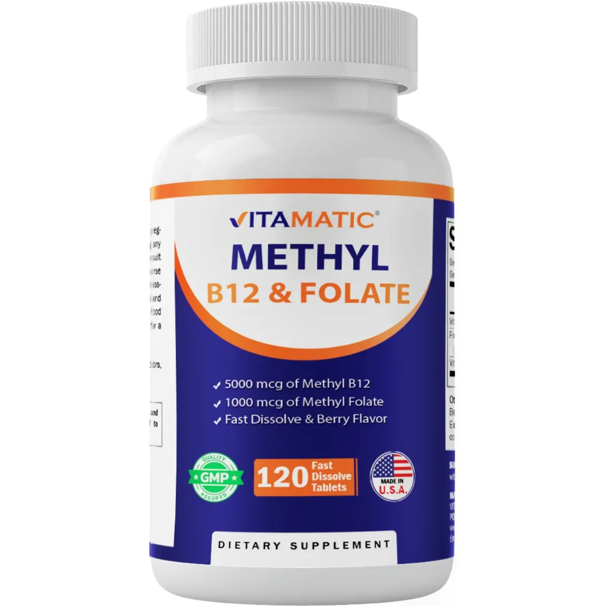 Vitamatic Natural Dietary Supplement - L-Methylfolate, B12, Pyridoxal 5-Phosphate (P-5-P), 120 Gluten-Free, Low-Sugar, GMO-Free, Vegetarian, Fast-Dissolve Water-Soluble Tablets for Adult Energy Boost & Brain Health Support, GMP Certified
