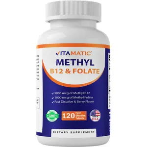 Vitamatic Natural Vitamin Dietary Supplement - Methyl Folate, B12, and Pyridoxal 5 Phosphate (P-5-P), 120 Gluten-Free Fast-Dissolve Tablets for Energy Support