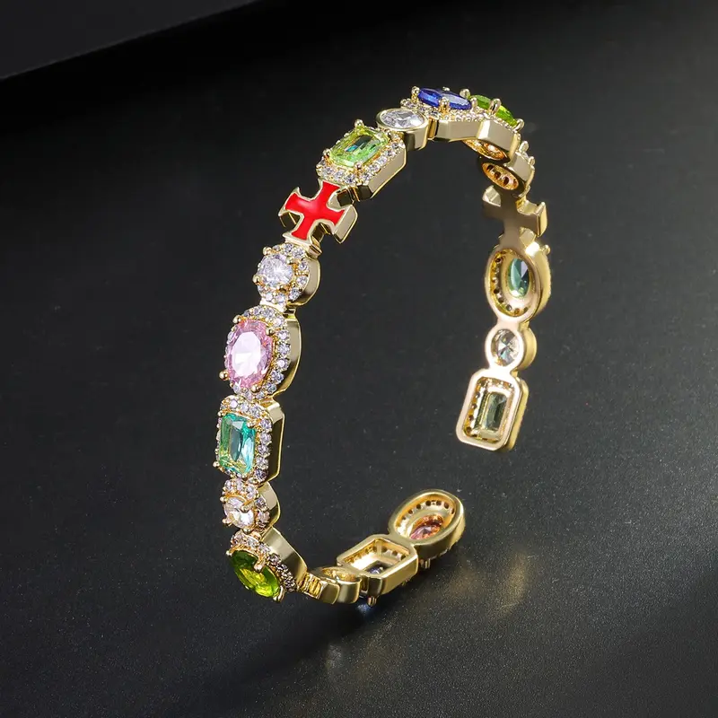 【Black Friday】ICED CHICS 7 mm Wide Enamel Cross Cubic Zirconia Bracelet, Unisex Hip-Hop Charm Jewelry, Romantic Gift for Partner, Perfect for Valentine’s Day, Birthday & Wedding Anniversary