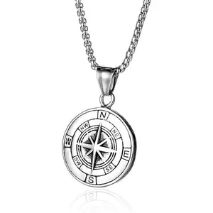Men's stainless steel compass pendant necklace, hip-hop fashion medallion necklace, gift for men
