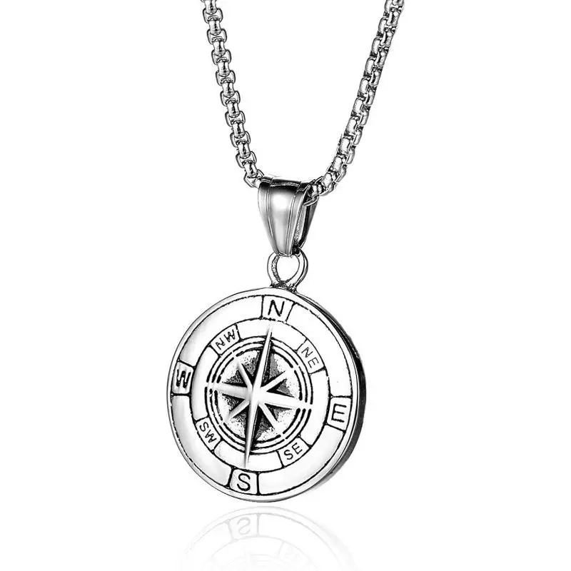 Men's stainless steel compass pendant necklace, hip-hop fashion medallion necklace, gift for men, Geometric, Retro