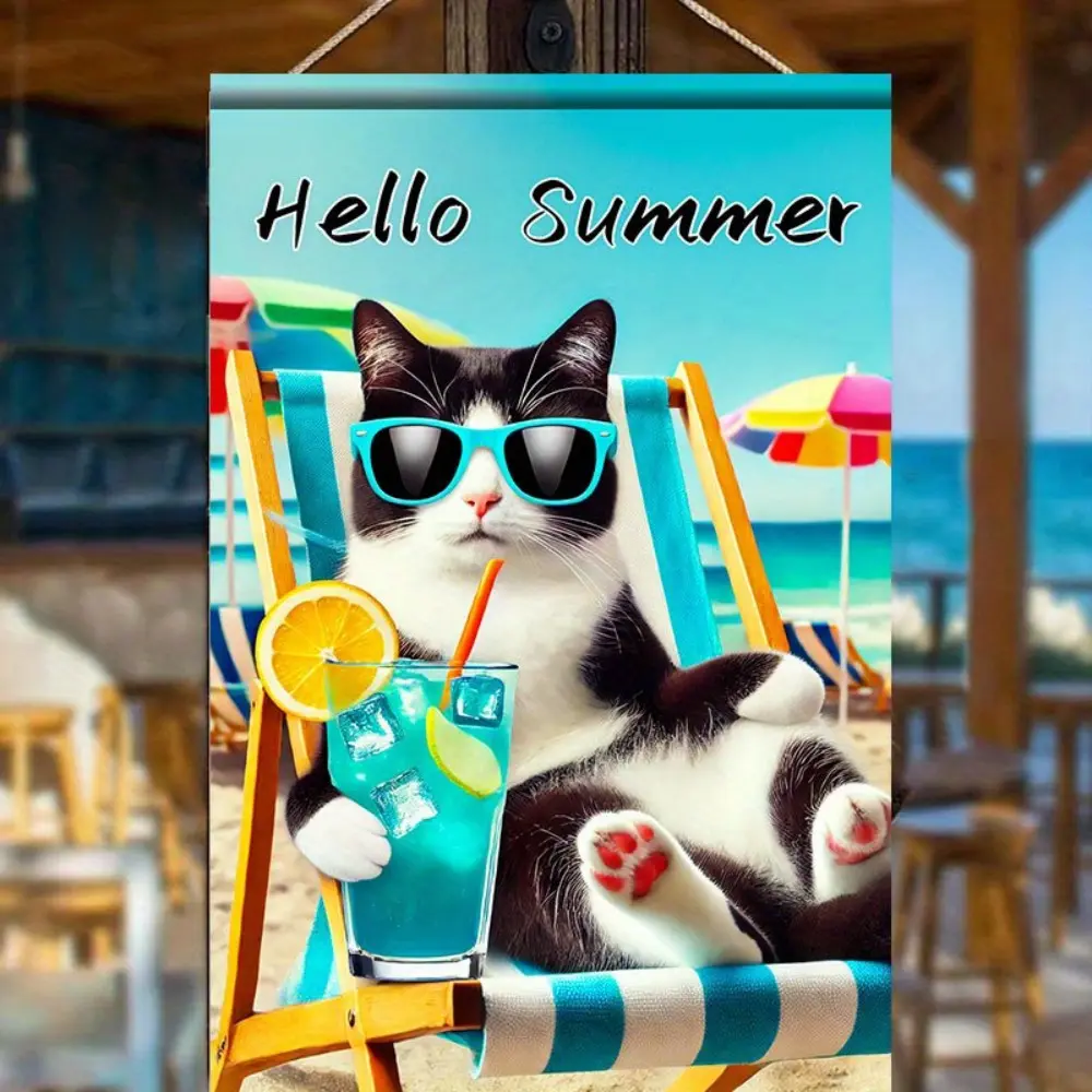 1PC, 2D Flat black and white cat Blue Drink parasol flag, summer garden flag, fun outdoor flag, suitable for courtyard, porch and lawn