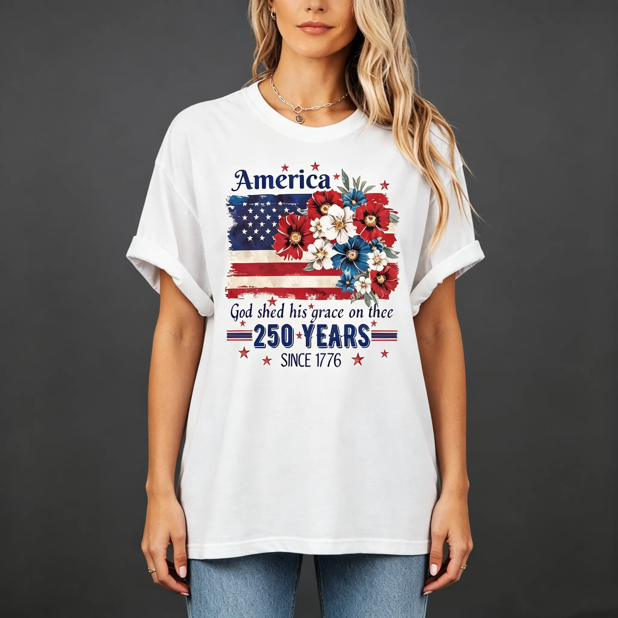 Women's 250th U.S. Nation Founding Anniversary Commemorative Floral White Short-Sleeve Top - Pure Stretchy Machine-Washable Casual Round Neck Fashion Lady T-Shirt, Fits Outdoor Everyday Wear, All-Season Comfortable Fabric, Ideal Gift
