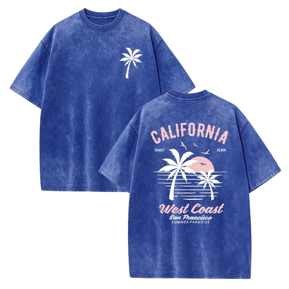 Vintage California Graphic Tee, Unisex Loose Fit Short Sleeve Shirt in 250g Smooth Washed Cotton, Seamless Casual Round Neck Surf Top