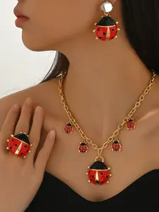 Boho Ladybug Jewelry Set, Earrings Ring Necklace Pendant, Vintage Fashion Accessory for Women, Perfect Gift for Mother's Day