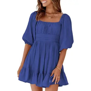 Ruffle Hem Shirred A Line DressWomens Summer Dresses Square Neck Tie Back Lantern Sleeve Ruffle A-Line Casual Dress2025.