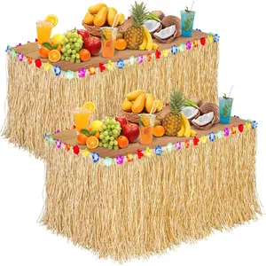 Aodaer 2 Pack Paper Luau Grass Table Skirt with Hibiscus Flowers 9 Feet x 30 Inch Raffia Style Hawaiian Table Skirt Rectangle Tropical Luau Party Decorations for Summer Beach Party, Straw