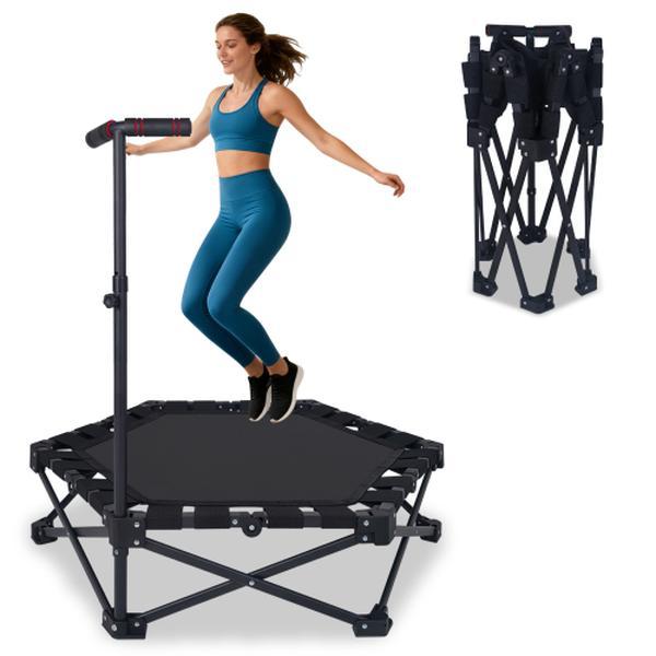 37" Foldable Mini Trampoline One-Step Fold & Open Rebounder Trampoline for Adults 330lbs Max Load 3-Level Adjustable T-Bar Indoor & Outdoor Workout