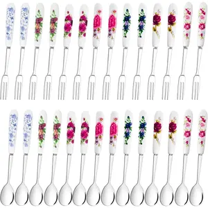 28 PCS Dessert Forks and Spoons Silverware Set with Ceramic Handle, Includes 1 Storage Bag, Stainless Steel Mini Coffee Tea Spoons for Dessert Salad Appetizers