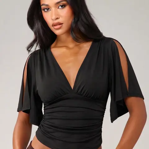 European Style Aesthetic Solid Color Deep V Flounce Sleeve Top, Street Fashion Pleated Ruched Design Short Tee for Daily Commute and Date Night, Going Out Blouses, Casual Classy Elegant Womenswear