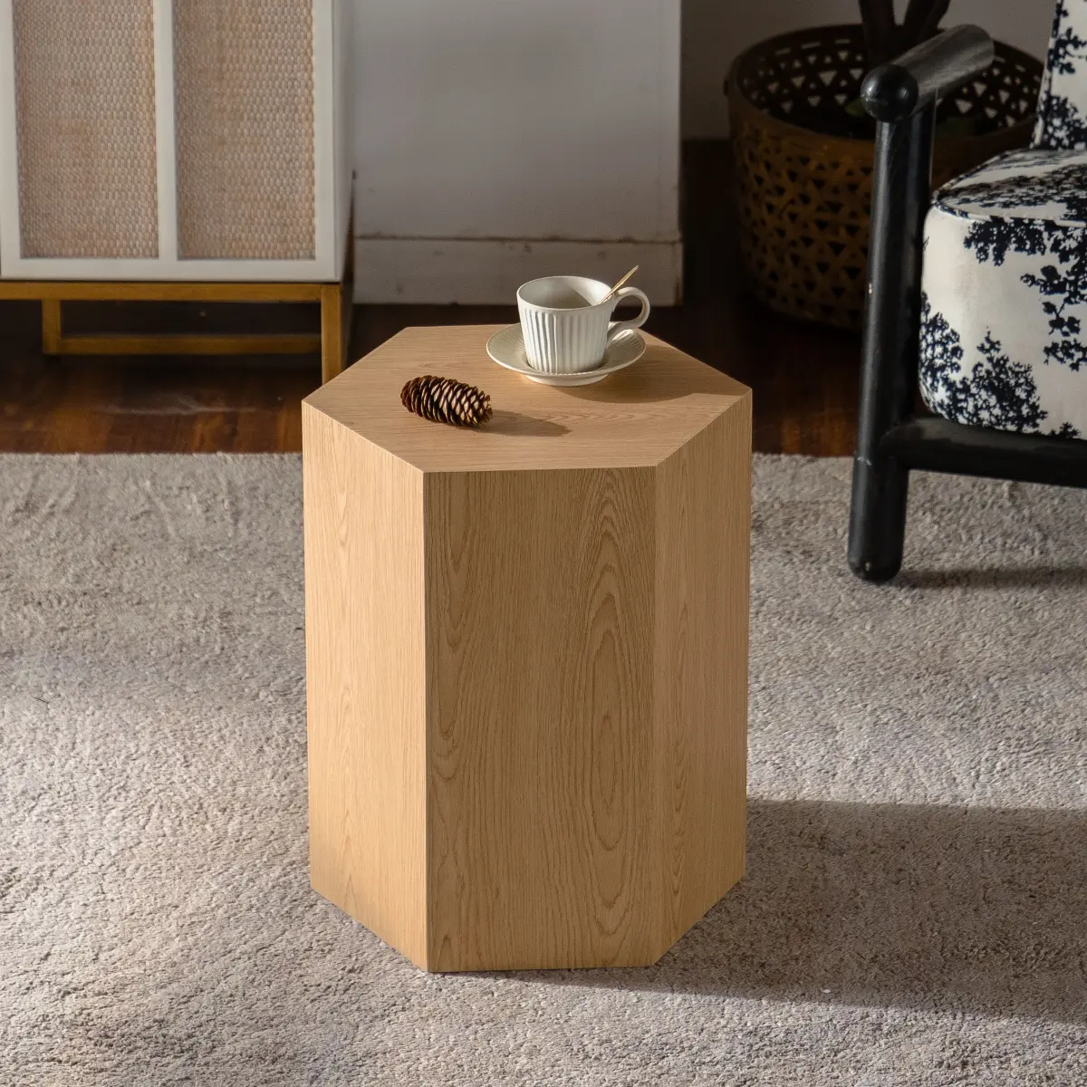 Hexagon MDF Coffee Table - Nature Wood Grain Sticker Side Table, Modern Fully Assembled End Table for Small Spaces (Living Room/Bedroom, 15.75"*13.58"*18.9")