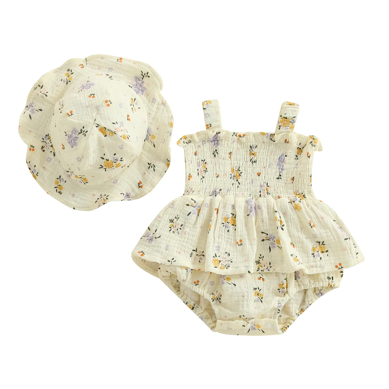 2-Piece Baby Girl Romper Dress and Hat Set, Smocked Floral Print Ruffle Bodysuit, Sleeveless Cotton Blend Summer Outfit 3-18 Months, Floral Print Dress