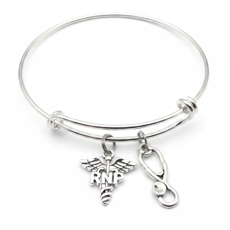 RNP Registered Nurse Practitioner Charm Bangle Bracelet | Caduceus & Stethoscope Nursing Gift